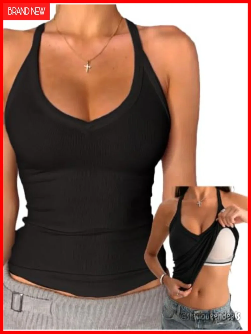 V Neck Cotton Tank Tops with Built-in Shelf Bra Sleeveless Racerback Fitted Cami